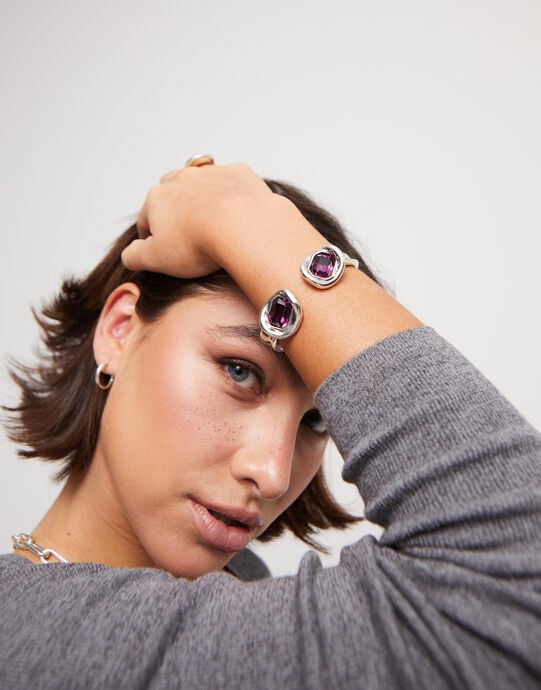 Bangle bracelet with two pink crystals, Silver, large